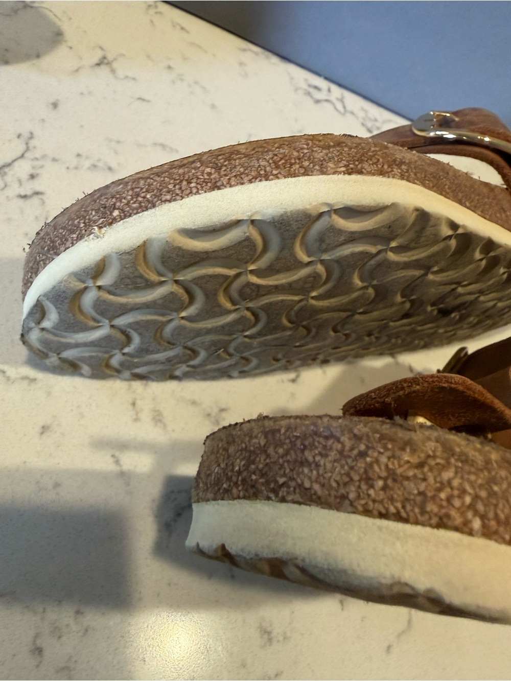 Birkenstock Brown Leather T-Strap Sandals with Gold Accents - Picture 9 of 16